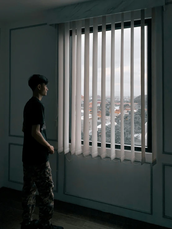 a man looking out the window of a home with a view