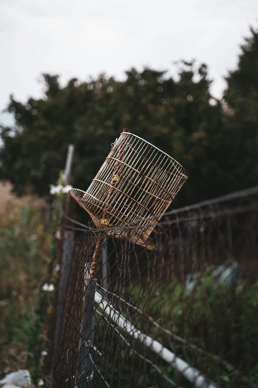 an iron bird cage is sitting on top of a fence