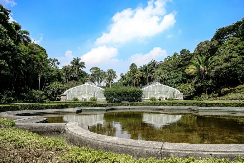 a pond inside a zoo like setting surrounded by trees