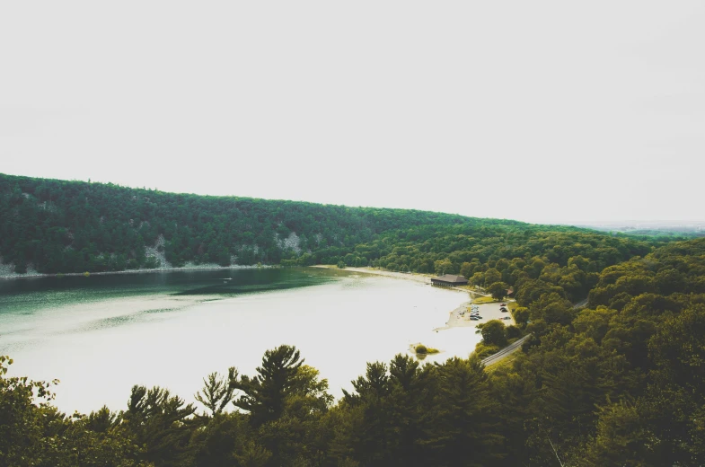 a lake in the middle of a lush green forest