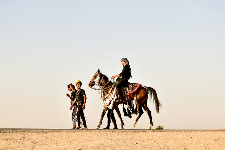 three people are walking behind the two horses