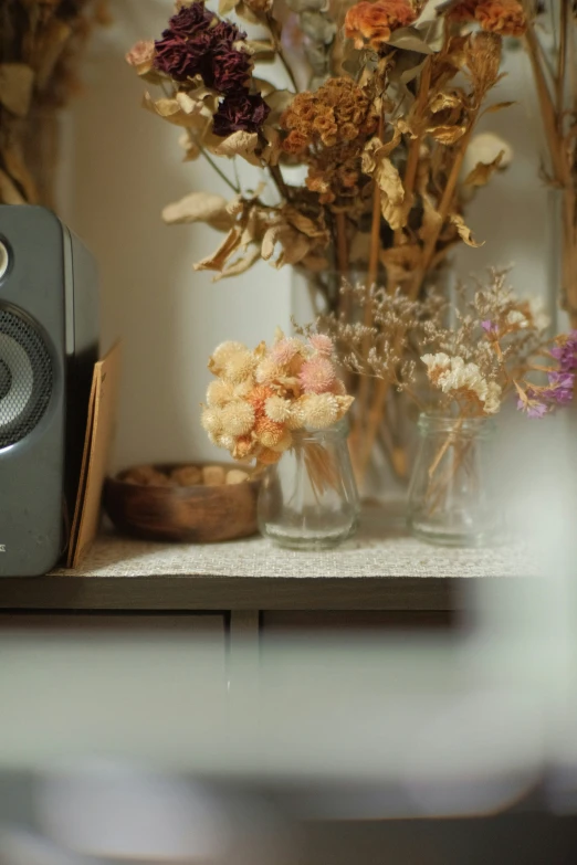 an array of flowers are sitting on a shelf