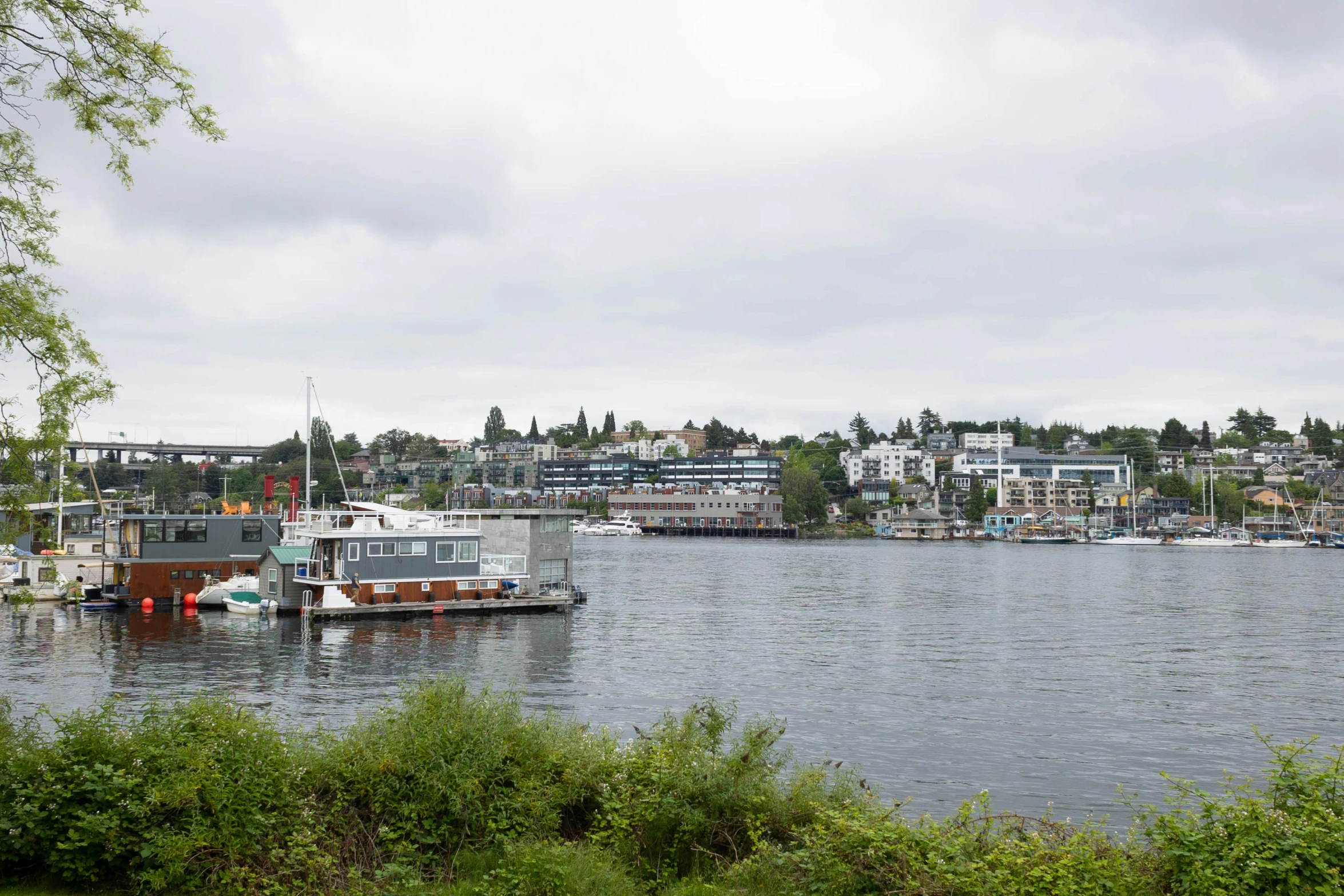 a group of boats are parked on a river bank