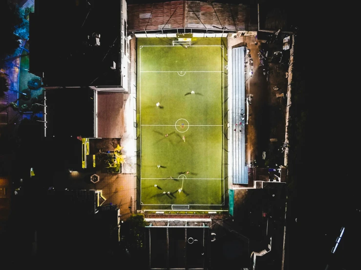 an aerial view of a small soccer field