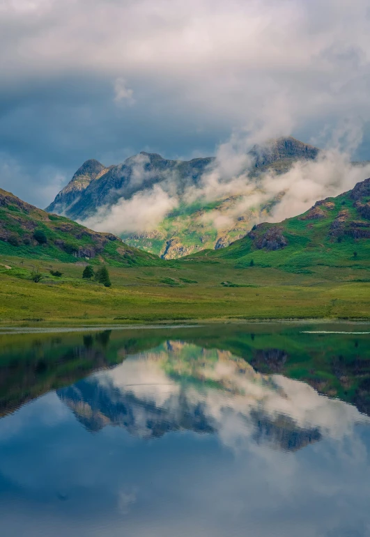 the reflection of mountain peaks in a lake