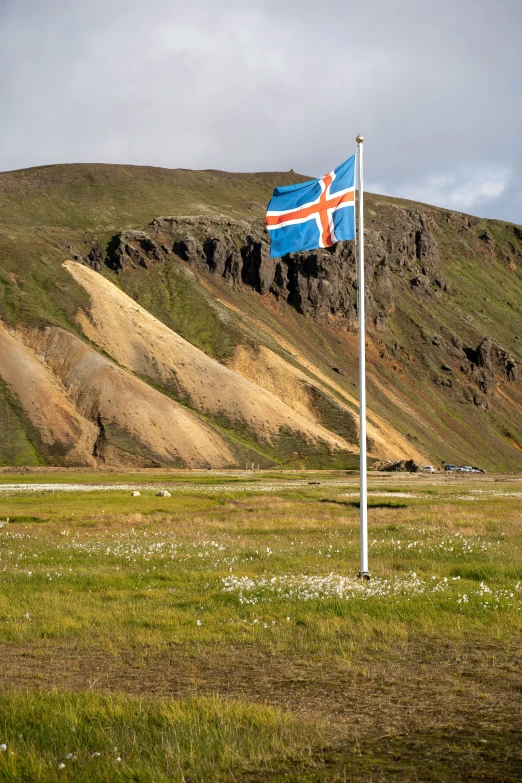 a flag stands on the hill top and waves in the wind