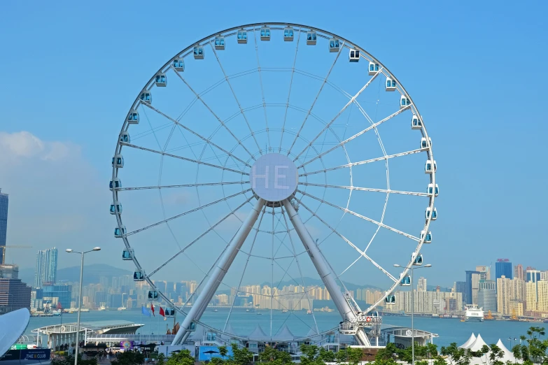 a ferris wheel near the beach on a sunny day