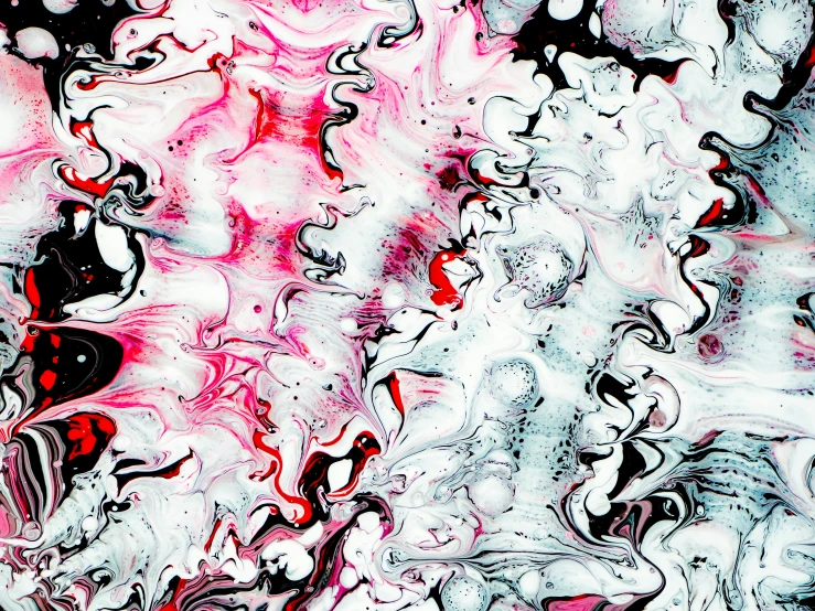 a painting with various colors and shapes in pink, black, red, and white