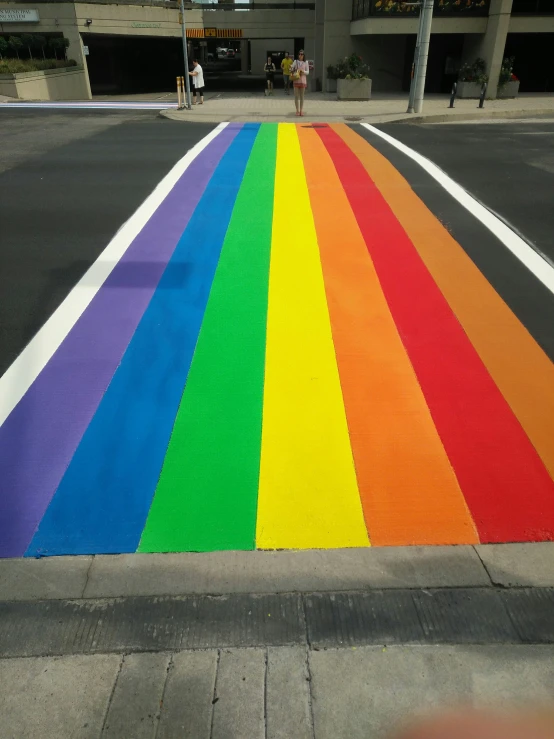 a rainbow painted road in a parking lot