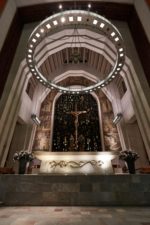 the interior of a church with a tall ceiling