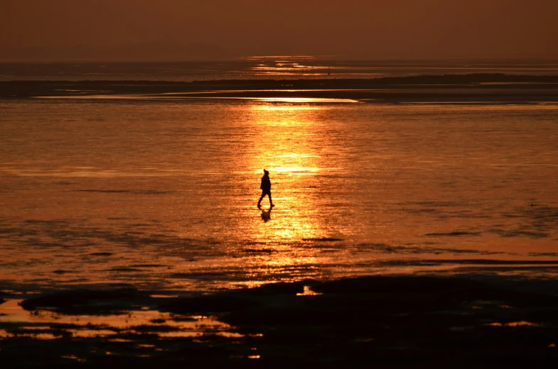 the person stands alone and watching the sunset on a calm ocean