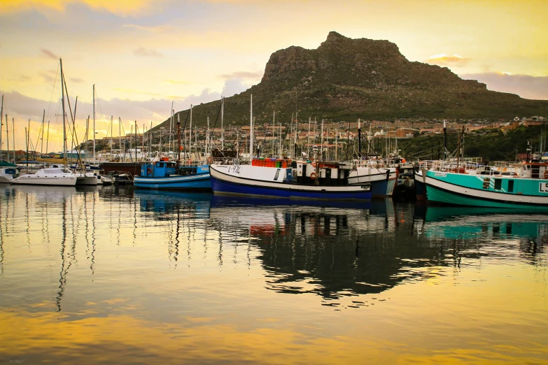 many boats are parked in a harbor with a mountain in the distance