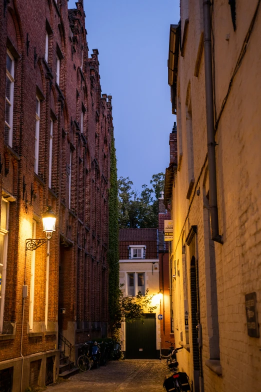 the cobblestone streets are lined with building facades