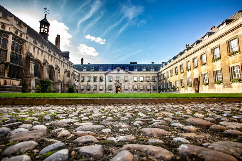 a cobble stone walkway leads up to a massive building
