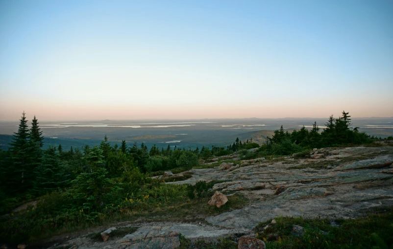 a rocky hillside with a forest at sunset