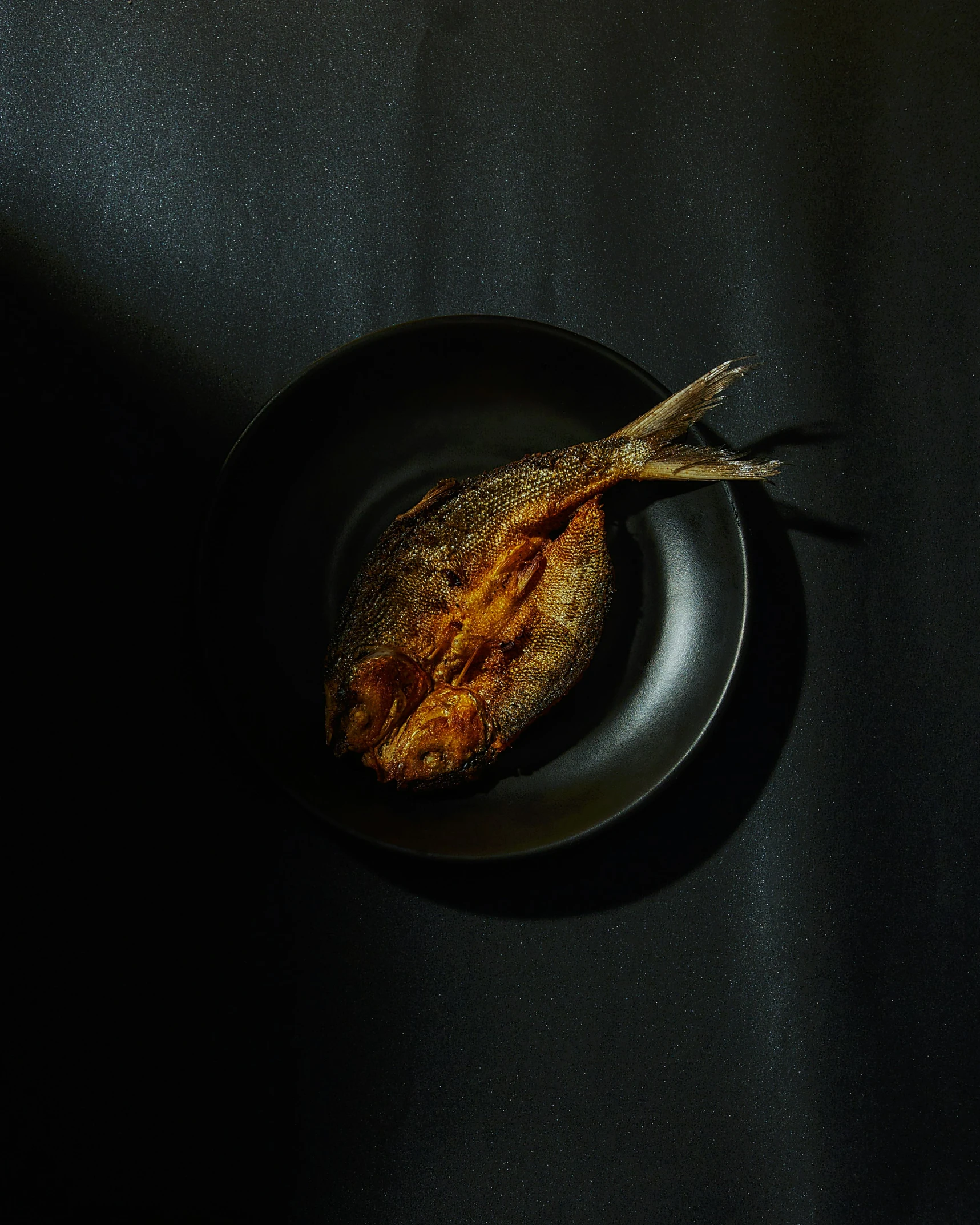 grilled food sits on a black plate against a dark background