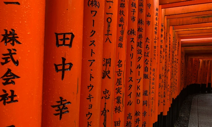 many orange columns lined with different asian writing