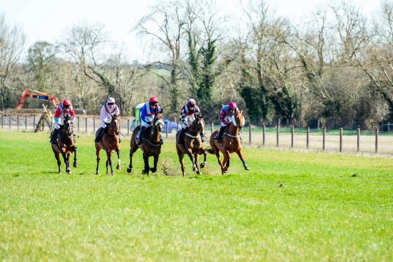 a group of people on horses are riding on the grass