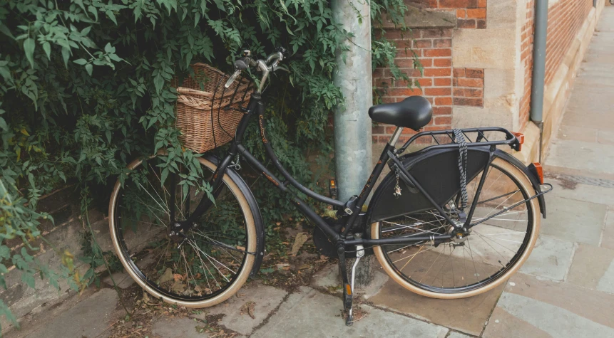 there is a bicycle with a basket parked against a pole