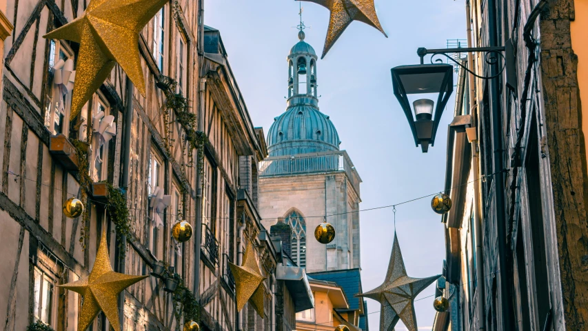 street view of buildings and church tower from the street