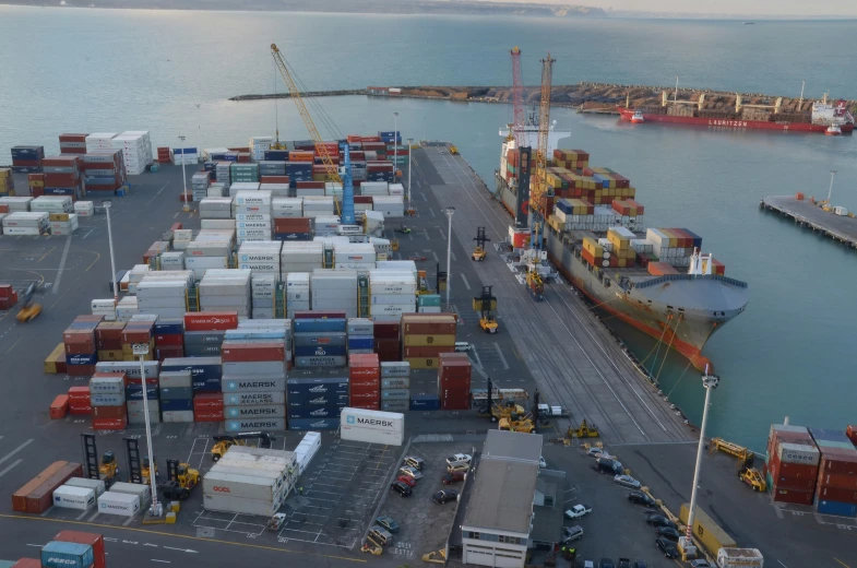 an aerial view of the shipping yard and docks