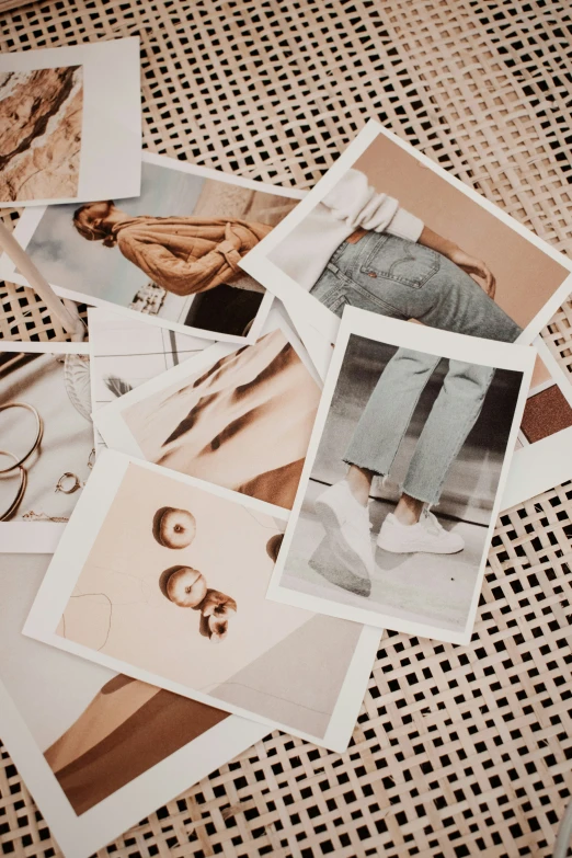 several pictures on a white tablecloth showing different people's shoes