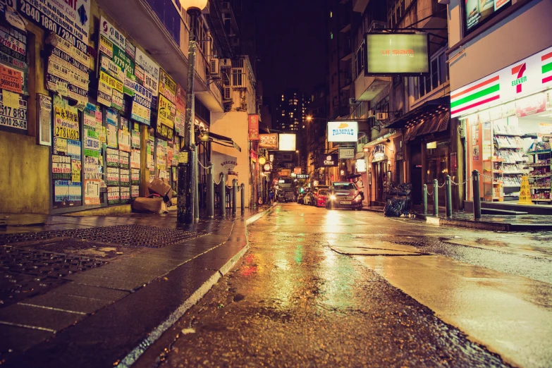 a wet, rainy night in an alley with advertits in the background