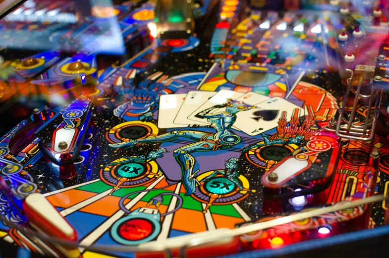 a colorful table top with several items