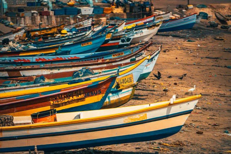 several boats are lined up next to each other on the sand