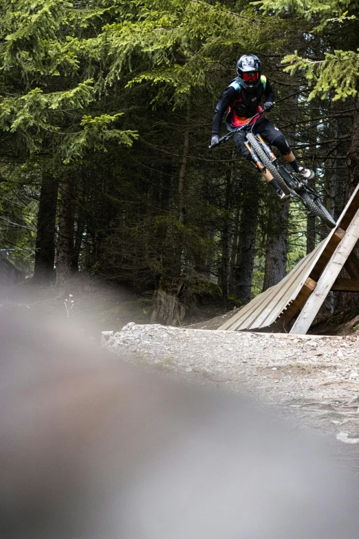 the rider jumps over a wooden walkway in a forest