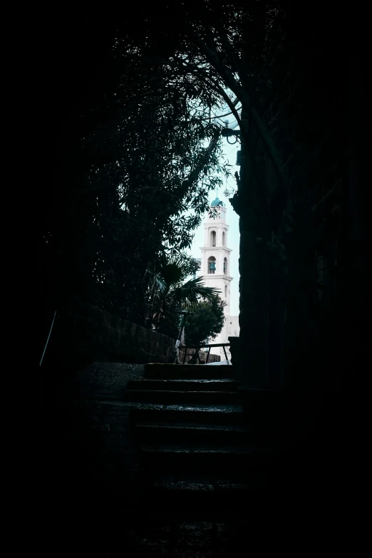 a very dark street with some steps near a tree