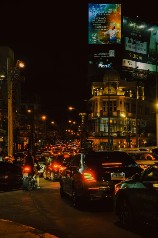 a traffic jam in the city on a night time