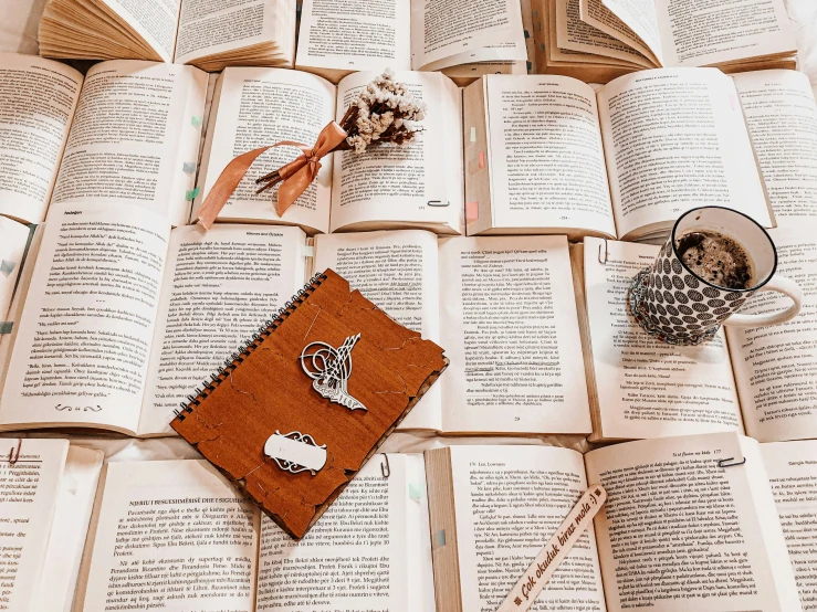 an open book and cup of coffee laying on the floor