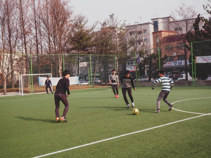 several children are on the field playing soccer