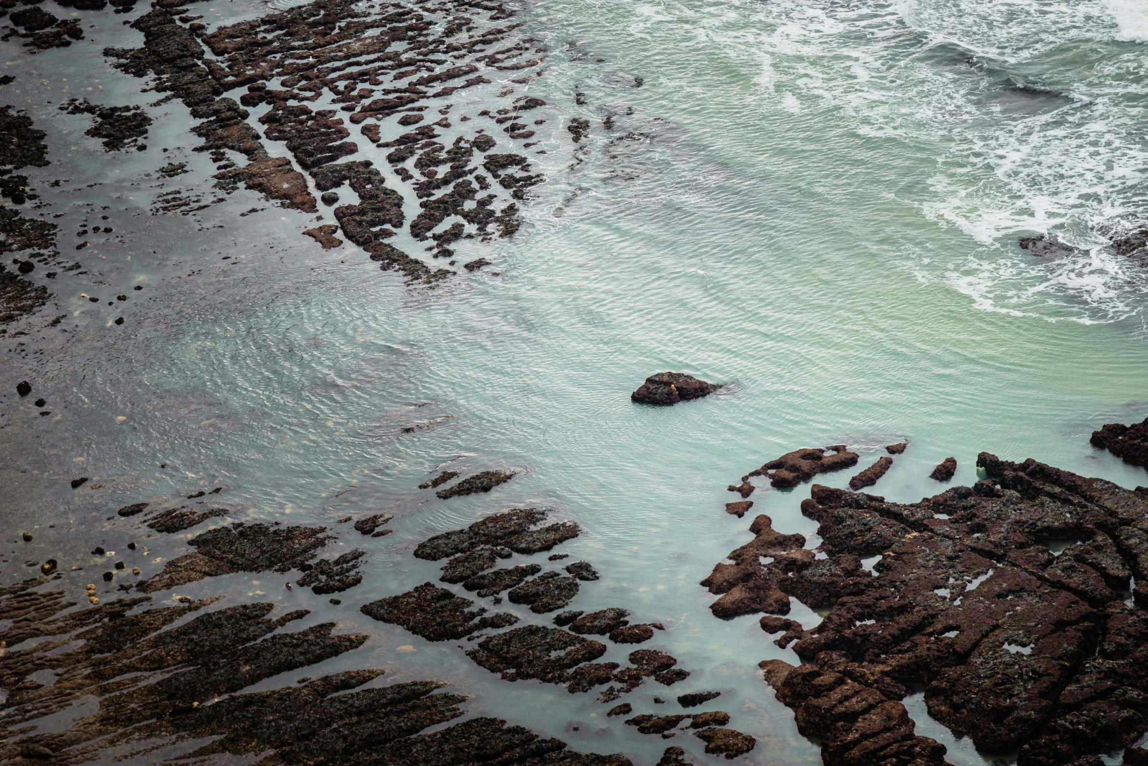 the ocean with a small amount of waves crashing around it