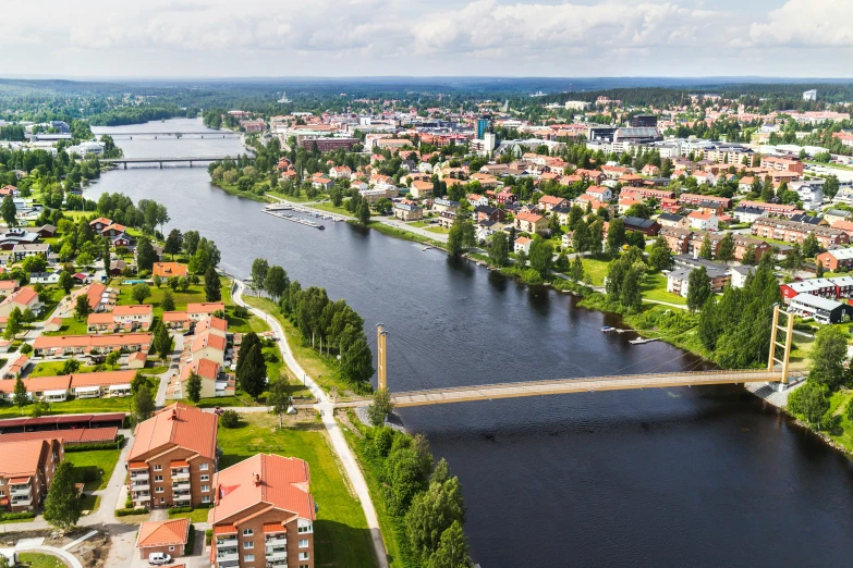 aerial view of a river running between a town and a bridge