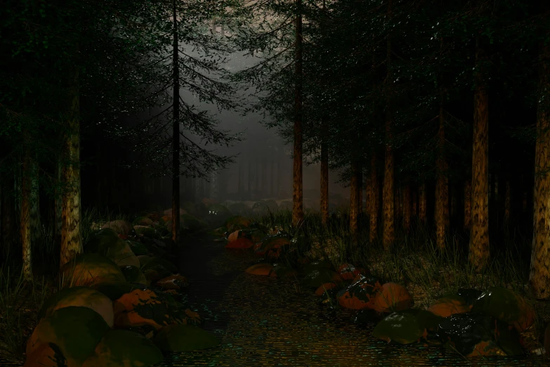 a path surrounded by trees leading through the woods at night