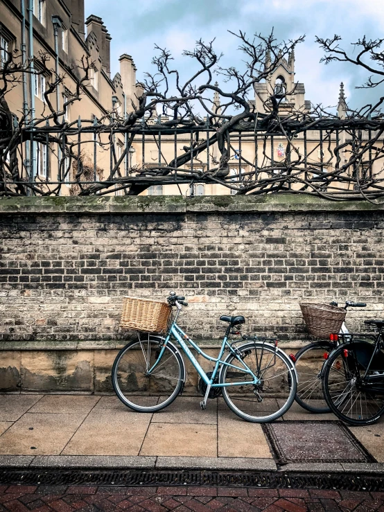 a pair of bicycles parked next to each other