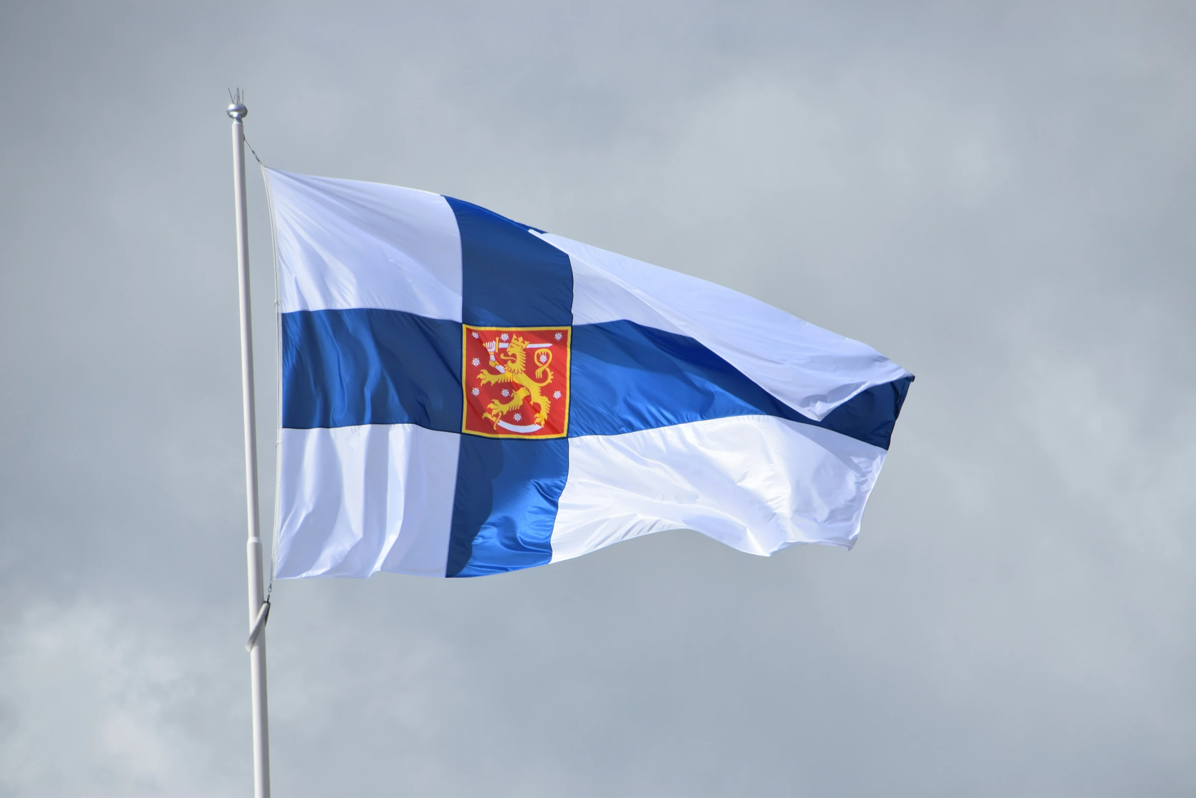 a white and blue flag with a black cross in the center