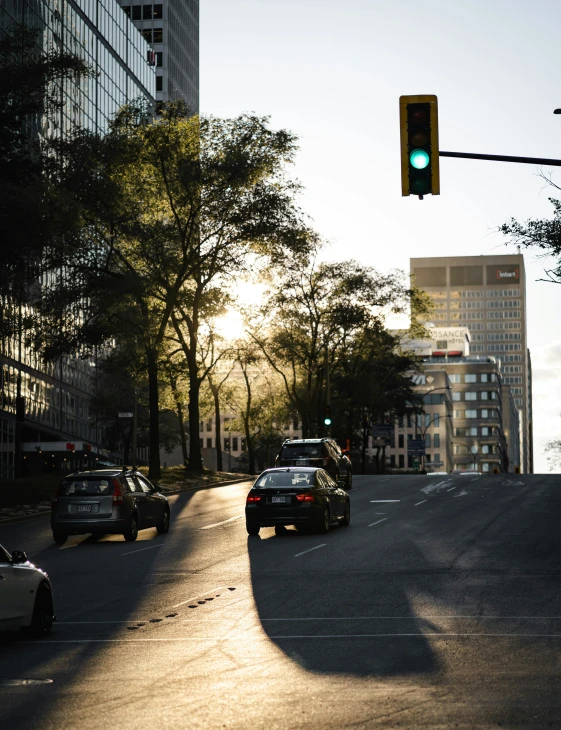 two green lights at an intersection in the sun