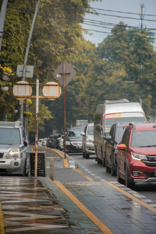 cars line up on the side of the road during a storm