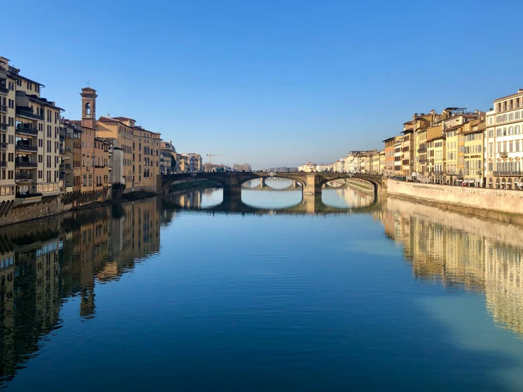 buildings and bridge reflected on calm water in a city