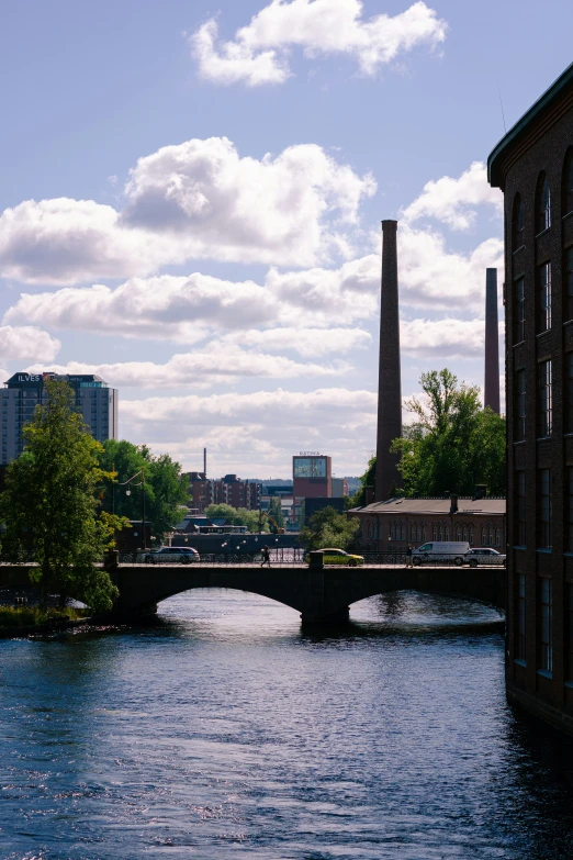 the city skyline of a bridge that spans across a river