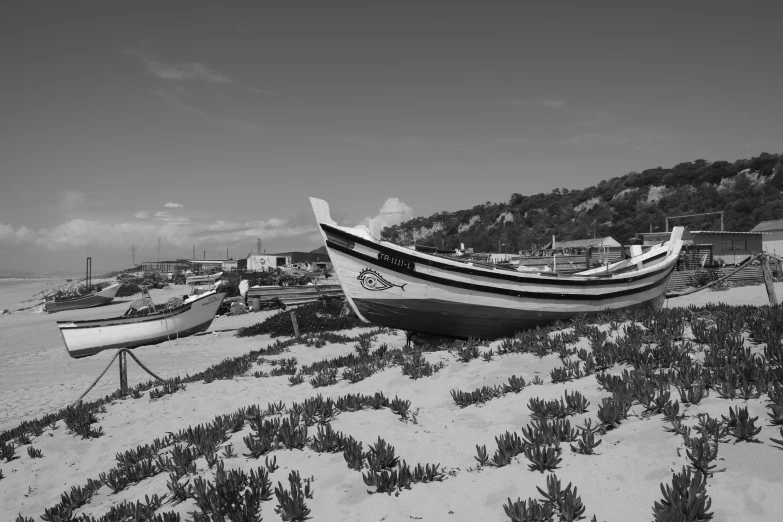 a black and white po of two boats on the sand