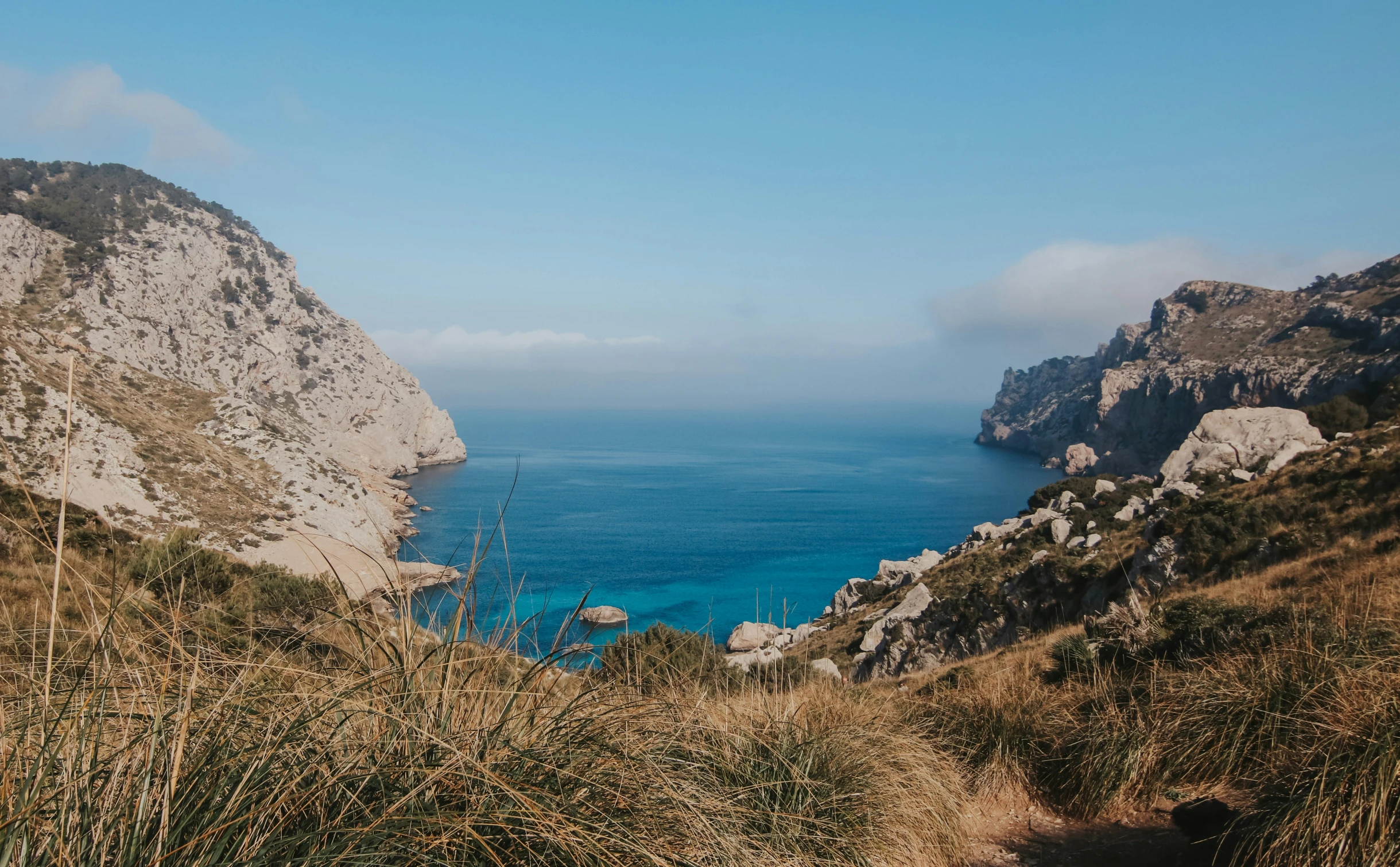 a view of a bay and the ocean from high up in the hills