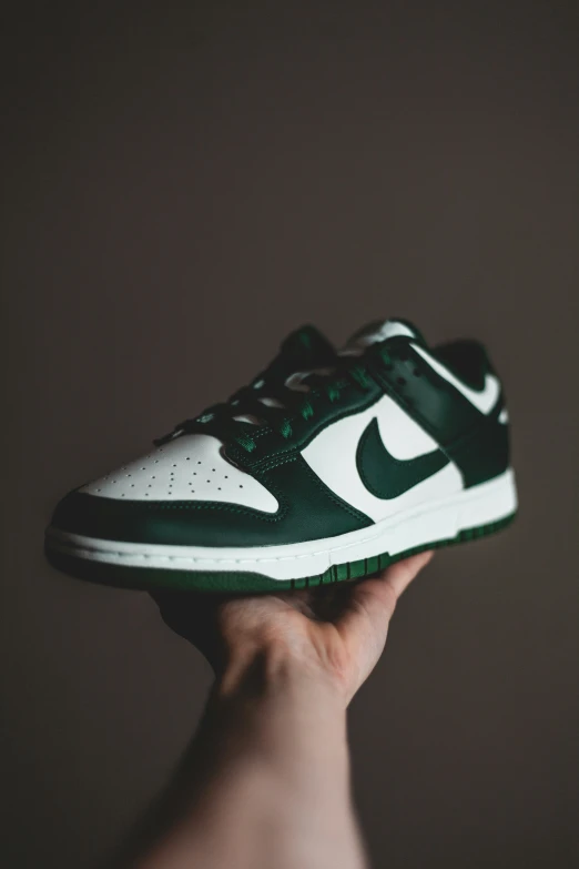 a hand is holding a green and white nike sneaker