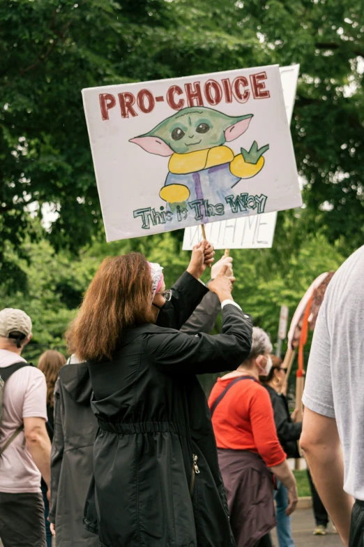 an protester holds up a sign with a picture of baby yoda