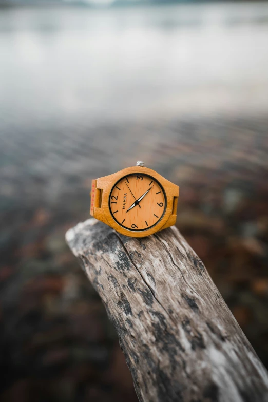 a wooden watch is sitting on a piece of wood near water