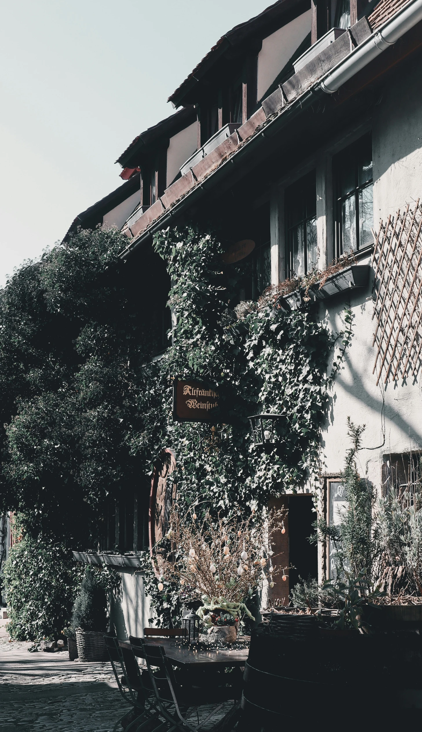 a group of people walking down a street past tall houses