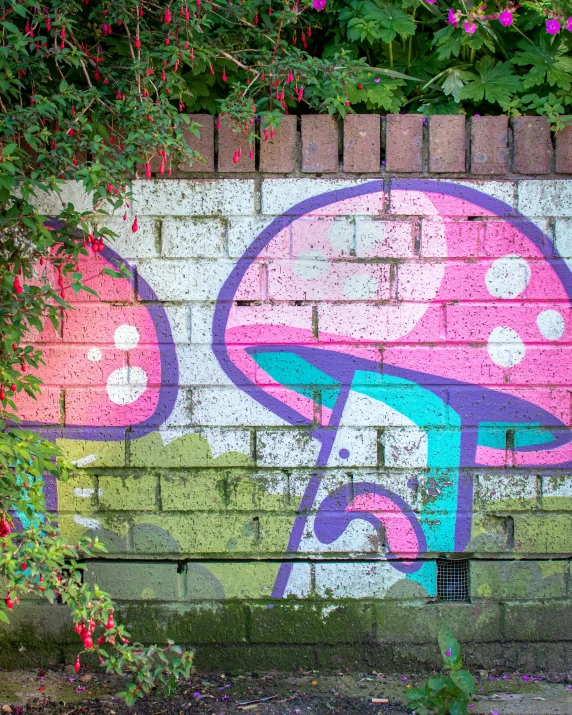 graffiti on the side of a wall with mushrooms painted on it